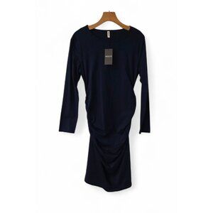 Missufe Bodycon Dress Ruched Midi Fitted Long Sleeve Stretch Navy Blue Large NEW